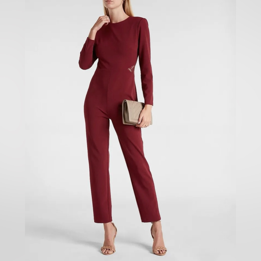 Express Wine Long Sleeve Jumpsuit With Lace Cut Off Details On Side. Size M